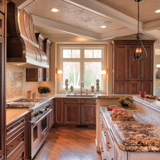 Modelo de cocina en L, tradicional, grande, con fregadero bajoencimera, puertas de armario de madera en tonos medios, salpicadero de azulejos de cerámica, electrodomésticos de acero inoxidable, suelo de madera en tonos medios, una isla, armarios con rebordes decorativos y salpicadero multicolor