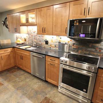 Waypoint Maple Spice Kitchen Cabinets w/ Fire & Ice Brick Mosaic Backsplash