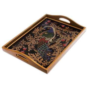 NOVICA Peacock Charm In Gold And Reverse-Painted Glass Tray  (17 Inch)