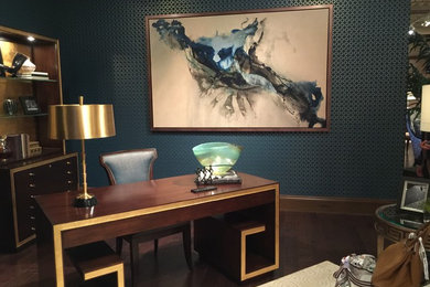 Mid-sized transitional freestanding desk dark wood floor study room photo in Phoenix with blue walls