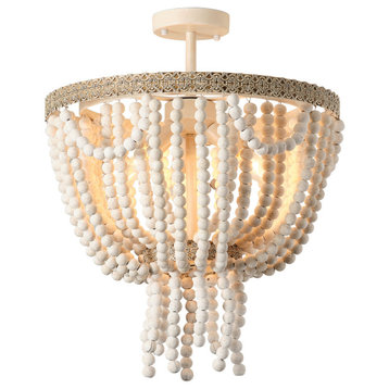 17.8 in 3-Light Wood Beads Cage Chandelier