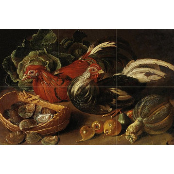 Tile Mural Still Life With Chickens Fruits Vegetables Basket of Shellfish Marble