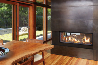 Minimalist dining room photo in Boston with a ribbon fireplace