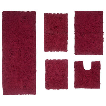 Bell Flower Collection Tufted Bath Rugs, 5-Piece Set With Runner, Red