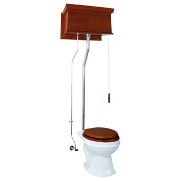 Mahogany Flat High Tank Pull Chain Toilet With Round Bowl And Chrome L-Pipe