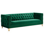 Meridian Furniture - Michelle Fabric Upholstered Chair, Gold Iron Legs, Green, Velvet, Sofa - Upholstered in soft green velvet, this Michelle sofa is sumptuously glamorous. Designed for upscale living, this chair features rich gold nail head trim and gold iron legs that keep it grounded in contemporary beauty. Tufted material covers every inch of this unit, and button tufting ensures that the unit stays plump and comfortable and holds up well to continual use. Pair it with other items in the collection for a cohesive look.