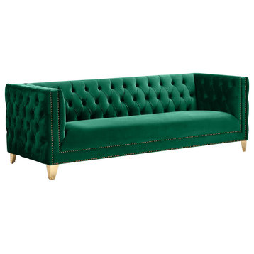 Michelle Fabric Upholstered Chair, Gold Iron Legs, Green, Velvet, Sofa