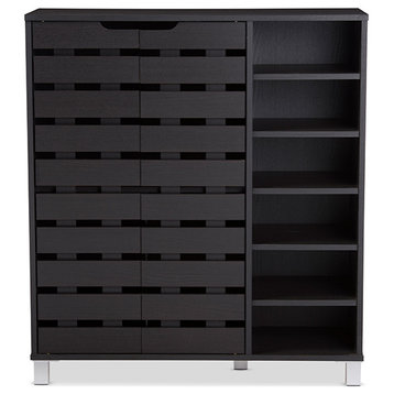 Wood 2-door Shoe Cabinet With Open Shelves, Dark Brown