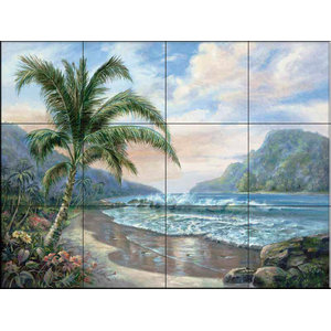Hitchcock Accent Tile Mural Backsplash Ceramic Seascape beach Hawaii sea palm D 