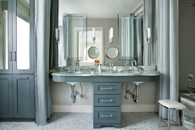 Tub/shower combo - large transitional master mosaic tile floor tub/shower combo idea in Atlanta with blue cabinets, an undermount tub, gray walls, marble countertops, an undermount sink and recessed-panel cabinets