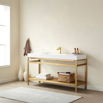 Ablitas 60" Single Sink Bathroom Vanity Brushed Gold Metal Frame White Top