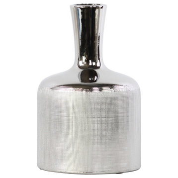 Ceramic Round Bottle Vase With Engraved Criss Cross Design, Silver, Small