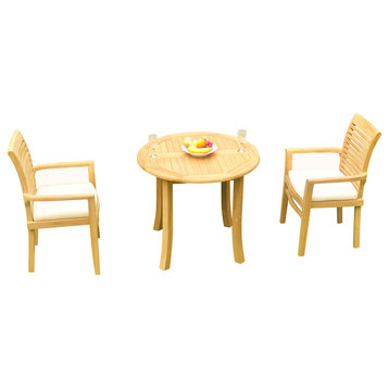 3-Piece Outdoor Teak Dining Set: 36" Round Table, 2 Mas Stacking Arm Chairs