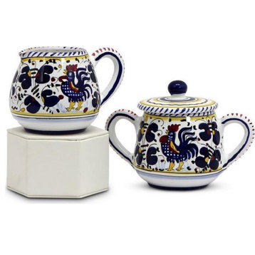 Sugar and Creamer Bowl Deruta Majolica Orvieto Rooster Blue Ceramic