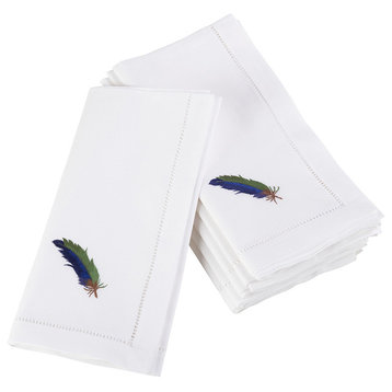 Feather Design Hemstitched Border Cotton Napkin, Set of 4, Green Feather