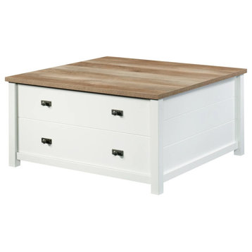 Modern Coffee Table, Spacious Square Top With Full Extension Drawers, Soft White
