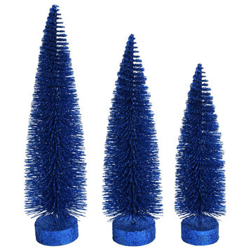 Glitter Oval Pine Artificial Christmas Tree Set of 3, Blue, 12"-14"-16"