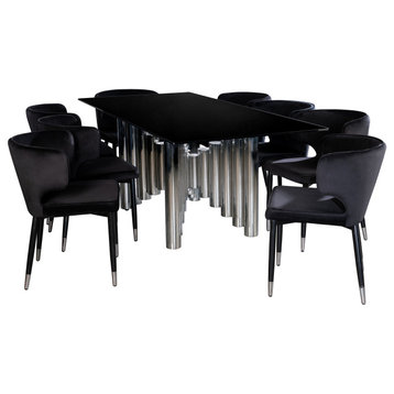 Kanika Rectangle Dining Table Set for 8, Chrome/Black