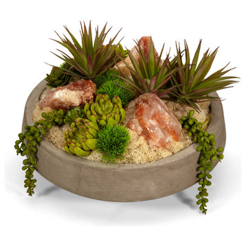 succulents and red calcite in concrete bowl