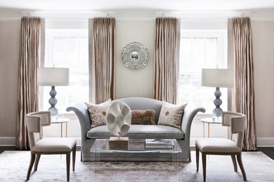 Mid-sized transitional formal and open concept dark wood floor living room photo in New York with beige walls, no fireplace and no tv