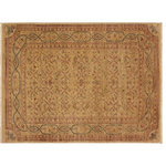 Bareens Designer Rugs - Shabby Chic Ziegler Dottie Tan Brown Hand-Knotted Wool Rug - 4'2'' x 5'10'' - Enhance the ambiance of your home with this magnificent Persian-influenced Turkish hand-knotted rug made by skilled artisans capable of creating the most exceptional vegetable dyes and hand-spun wool. This exquisite handmade rug is a one-of-a-kind Peshawar Kafkaz, otherwise identified as Chobi, Chobi Peshawar, Oushak, or Ziegler rug. These handmade rugs are crafted in Pakistan utilizing superior-quality wool imported from Australia, New Zealand, and Korea in two types of weaves: the Persian weave and the Mori weave. This rug is meticulously crafted by hand using the finest natural vegetable dyes extracted from local plants. The artisans use a blend of hand-spun local and fine merino wool, resulting in a rug with a compelling texture, higher lanolin content, and longer staple. The artisans occasionally incorporate natural or artificial silk into the pile to enhance specific motifs. The finished product is an awe-inspiring execution of flawless design and an understated palette that exudes elegance.