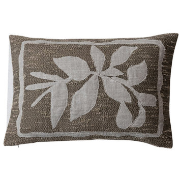 Woven Fabric Indoor/Outdoor Lumbar Pillow With Botanical and Applique