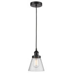Innovations Lighting - Innovations 616-1PH-BK-G64 1-Light Mini Pendant, Matte Black - Innovations 616-1PH-BK-G64 1-Light Mini Pendant Matte Black. Collection: Edison. Style: Industrial, Farmhouse, Restoration-Vintage, Transitional. Metal Finish: Matte Black. Metal Finish (Canopy/Backplate): Matte Black. Material: Steel, Cast Brass, Glass. Dimension(in): 8(H) x 6(W) x 6(Dia). Min/Max Height (Fixture Height with Cord or Included Stems and Canopy)(in): 13/131. Wire/Cord: 10 Feet Of Black Fabric Cord. Bulb: (1)60W Medium Base,Dimmable(Not Included). Maximum Wattage Per Socket: 100. Voltage: 120. Color Temperature (Kelvin): 2200. CRI: 99. 9. Lumens: 220. Glass Shade Description: Seedy Small Cone. Glass or Metal Shade Color: Seedy. Shade Material: Glass. Glass Type: Seeded. Shade Shape: Cone. Shade Dimension(in): 6. 25(W) x 5. 75(H). Fitter Measurement (Glass Or Metal Shade Fitter Size): 3. 25 inch Fitter. Canopy Dimension(in): 4. 75(Dia) x 1(H). Sloped Ceiling Compatible: Yes. California Proposition 65 Warning Required: Yes. UL and ETL Certification: Damp Location.