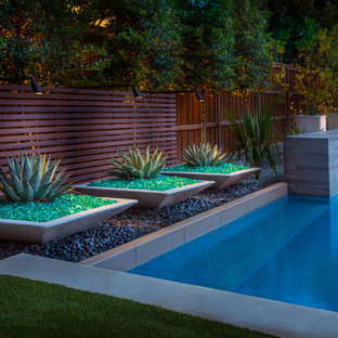 Mittelgroßer Moderner Pool hinter dem Haus in rechteckiger Form mit Wasserspiel und Dielen in Dallas