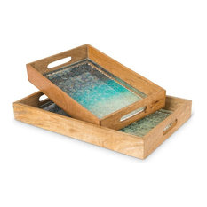 Blue Mosaic Wood Trays S/2, Multicolor