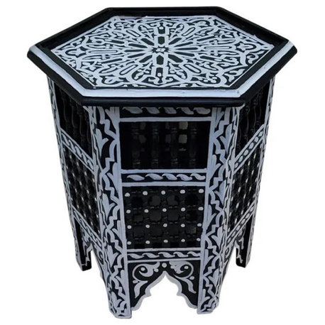 Moroccan Hexagonal Wooden Side Table, Black and White Musharabi