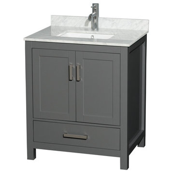 30" Vanity, Dark Gray, White Carrara Marble Top, Undermount Square Sink
