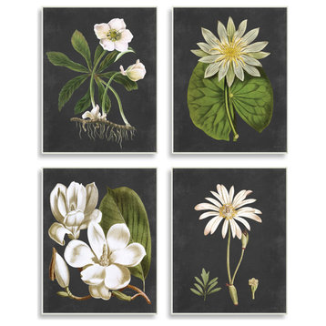Vintage White Florals over Distressed Grey Lotus Daisies,4pc, each 10 x 15