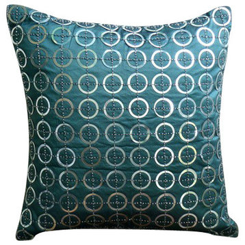 Metallic Sequins Blue Art Silk Throw Pillow Covers 22"x22", Teal N Silver Rings