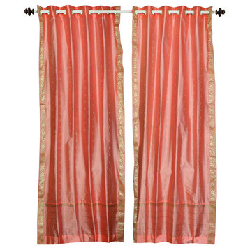 Lined-Peach pink Ring Top  Sheer Sari Cafe Curtain / Drape - 43W x 24L - Piece