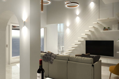 Immagine di un grande soggiorno minimal aperto con angolo bar, pareti beige, pavimento in gres porcellanato, nessun camino, TV a parete e pavimento bianco