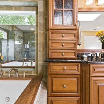 Wood Highlights Warm This Master Bathroom Remodel in Potomac Falls