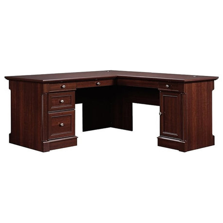 Pemberly Row L-Shaped Contemporary Engineered Wood Desk in Select Cherry