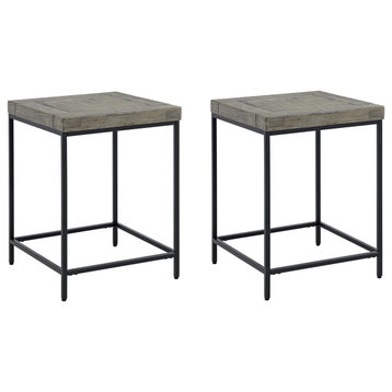Set of 2 Modern End Table, Open Metal Base With Square Pine Wood Top, Black/Gray