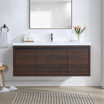 Floating Bathroom Cabinet With White Sink and Soft Close Doors, Walnut, 48"