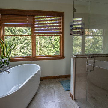 Master bath featuring a rustic character cherry vanity cabinet