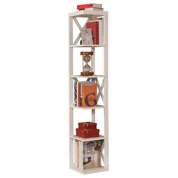 Pilaster Designs, Wood Wall Corner 5 Tier Bookshelf Display Stand, White