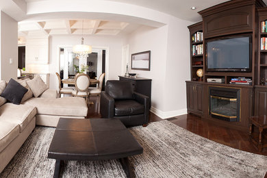 Living room - mid-sized contemporary open concept dark wood floor living room idea in Toronto with white walls, a ribbon fireplace, a wood fireplace surround and a media wall