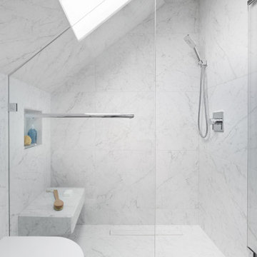 Shower features include tiled ceiling, wall-hung bench, linear drain.