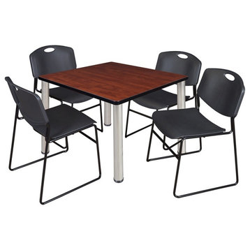 Kee 36" Square Breakroom Table, Cherry/ Chrome and 4 Zeng Stack Chairs, Black
