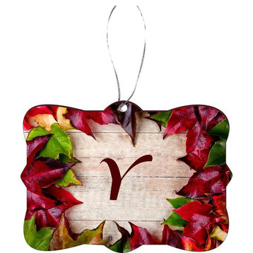 Letter Y Rustic Fall Leaves on Wood Design Rectangle Christmas Tree Ornament