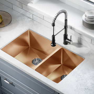 Rivage 33"x20" Stainless Steel, Dual Basin, Undermount Kitchen Sink, Rose Gold