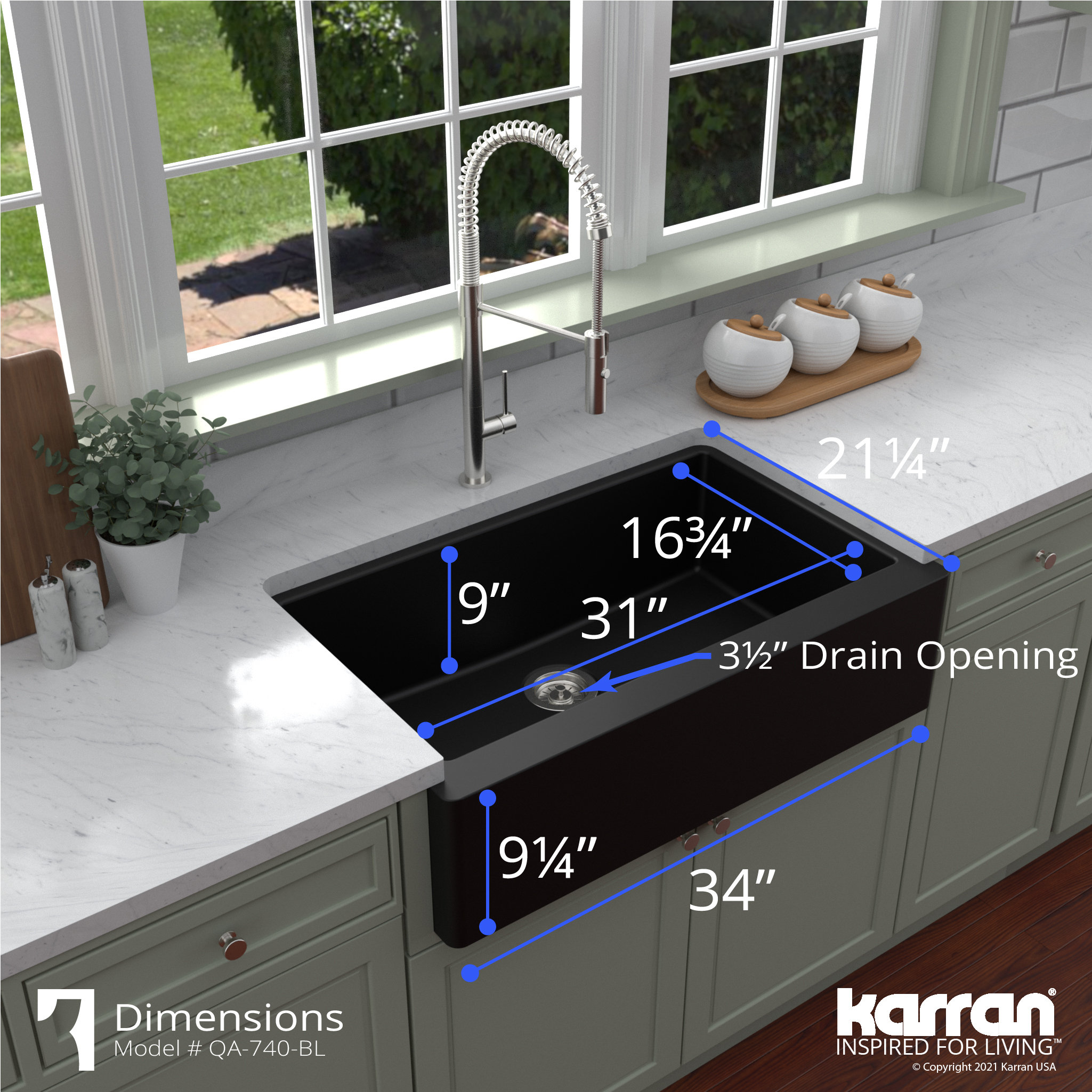 Karran Farmhouse/Apron-Front Quartz 34" Single Bowl Kitchen Sink, Black