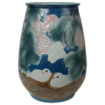 Flowers And Bird Art Handmade Blue Color Porcelain Vase