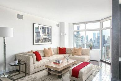 Inspiration for a mid-sized contemporary formal and open concept dark wood floor living room remodel in New York with white walls, no fireplace and no tv