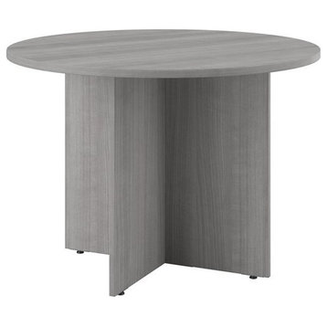 42W Round Conference Table with Wood Base in Platinum Gray - Engineered Wood